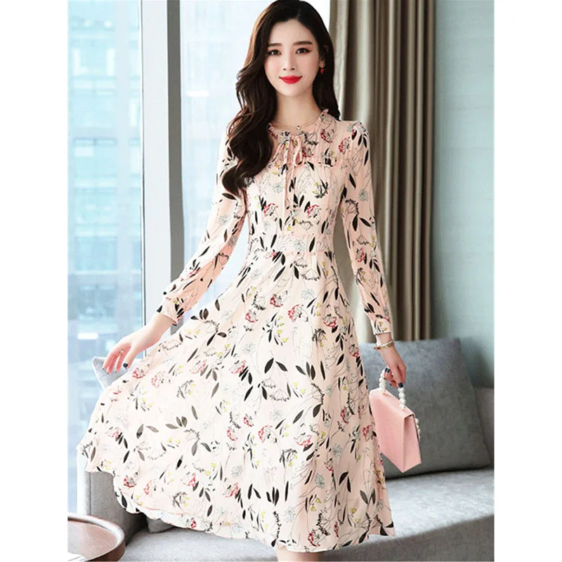 

Chiffon Women's Dress 2020 Spring New Ladies Elegant Dress Long Sleeve High Waist Floral Fashion Bohemia Dresses Vestidos A1731