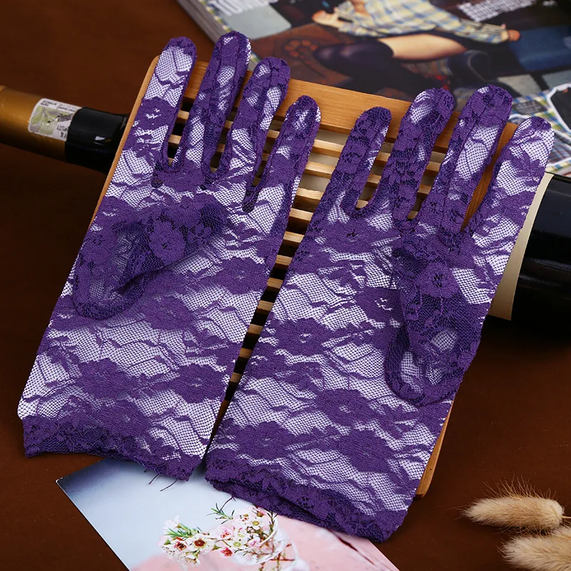 Недорогие фиолетовые Свадебные перчатки кружевные короткие свадебные