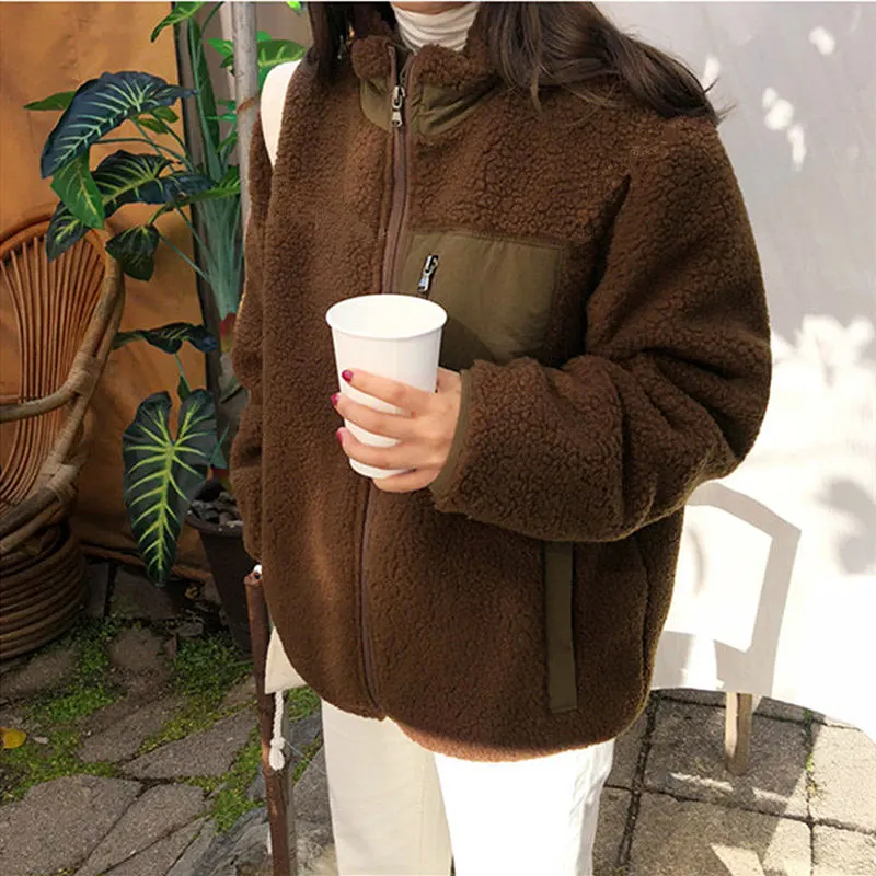 Women's Jacket Cropped Coat Winter Lamb Wool Casuals Fashion Oversize Clothing Warm Windproof Thicken Outwear Wear On Both Sides