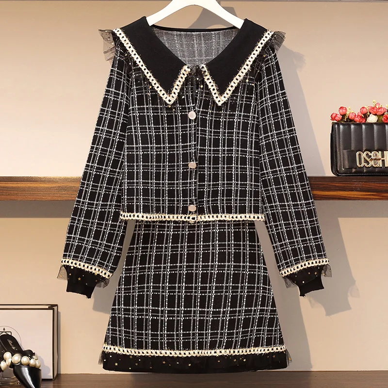 

Autumn Winter Outfits Korean Vintage Plaid Knitted Two Piece Set for Women Sweater Cardigan Top + Mini Bodycon Skirt 2 Piece Set