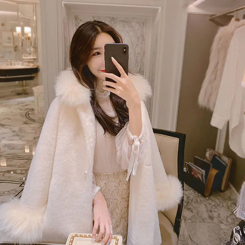 

2021 Autumn Winter New Imitation Mink Hair Korean Version Long Fashion Wild Thick Fur Collar Coat Thin Ivory White Coat