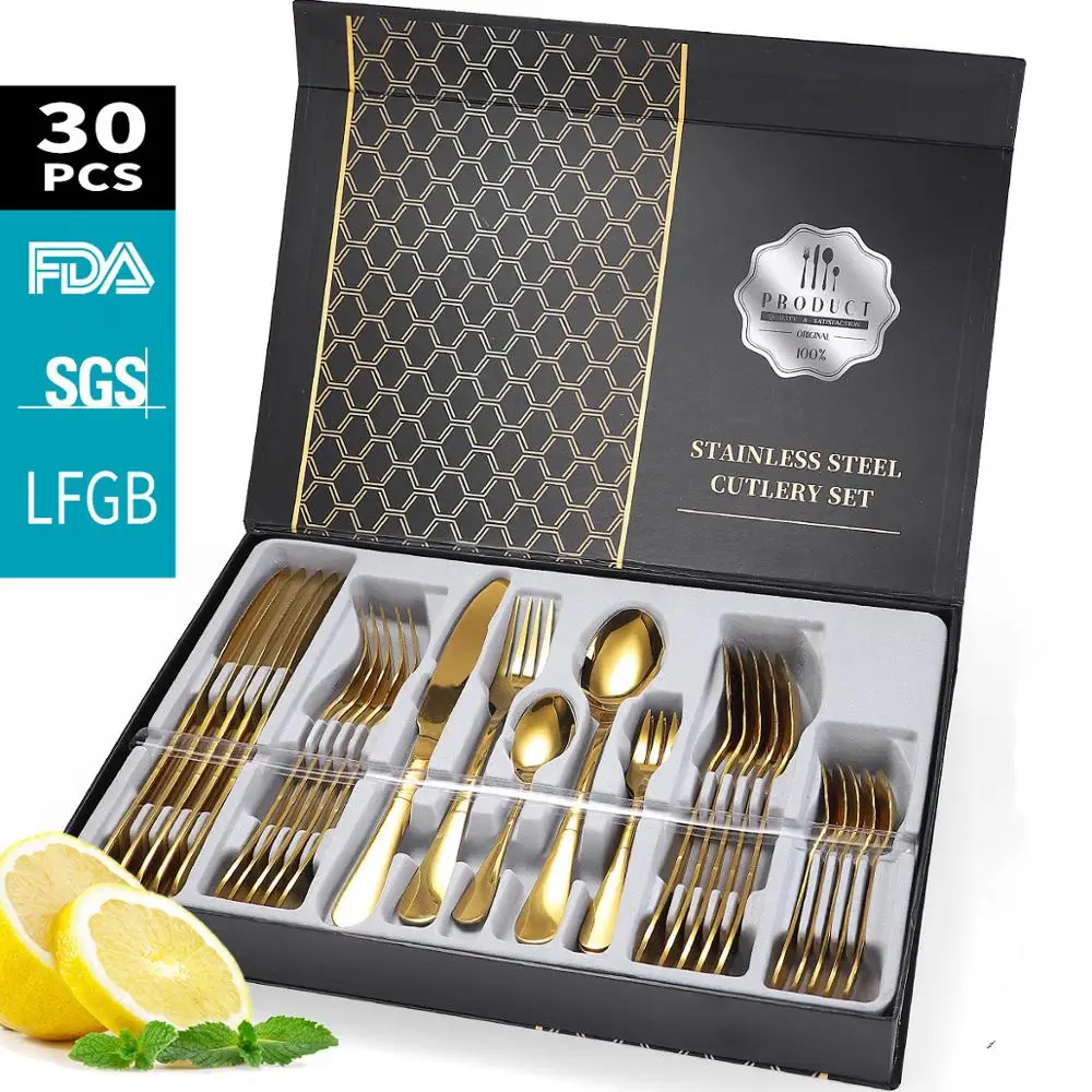 

30 Pieces KuBac Hommi Gold Plated Stainless Steel Dinnerware Set Knife Fork Set Cutlery Set Black Silverware Drop Shipping