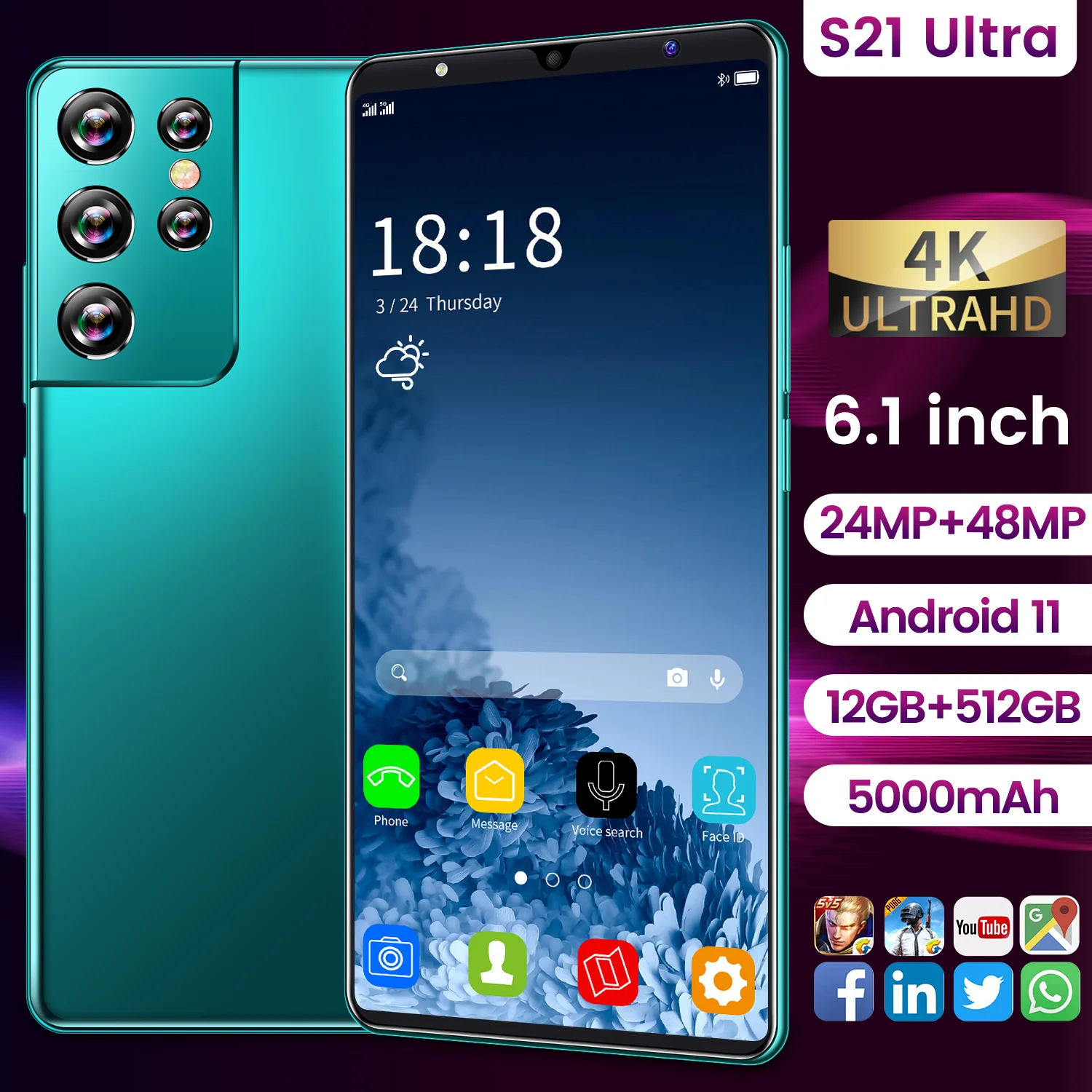 

Global Version S21 Ultra 6.1Inch Smartphone 12+512GB 24+48MP 5000mAh Android 11 Full Screen Face Unlock Dual SIM4 G 5G Cellphone