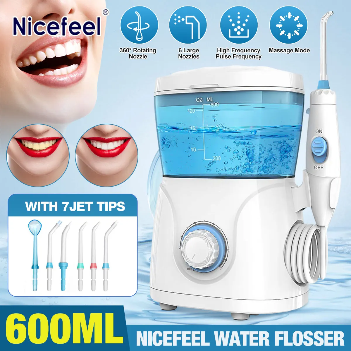 

Nicefeel 600ML Oral Irrigator Dental Water Irrigator Flosser Water Jet Teeth Cleaner Dental Family Oral Care SPA with 7pcs Tips