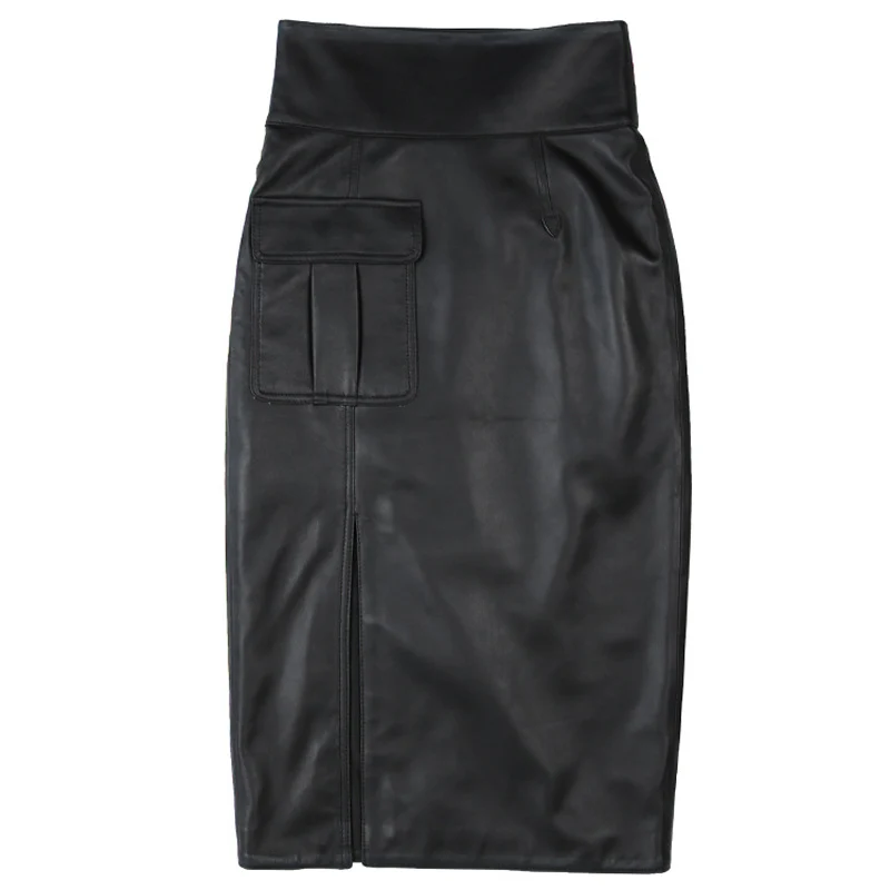 RY9332 Winter Women High Waist Genuine Leather 70cm Long Skirts Lady Blue/Black Split Sexy Wrap Saias OL Pencil Maxi Skirt