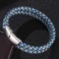 vintage men jewelry blue double braided leather bracelet steel magnetic clasp wristband mens gift bb0512