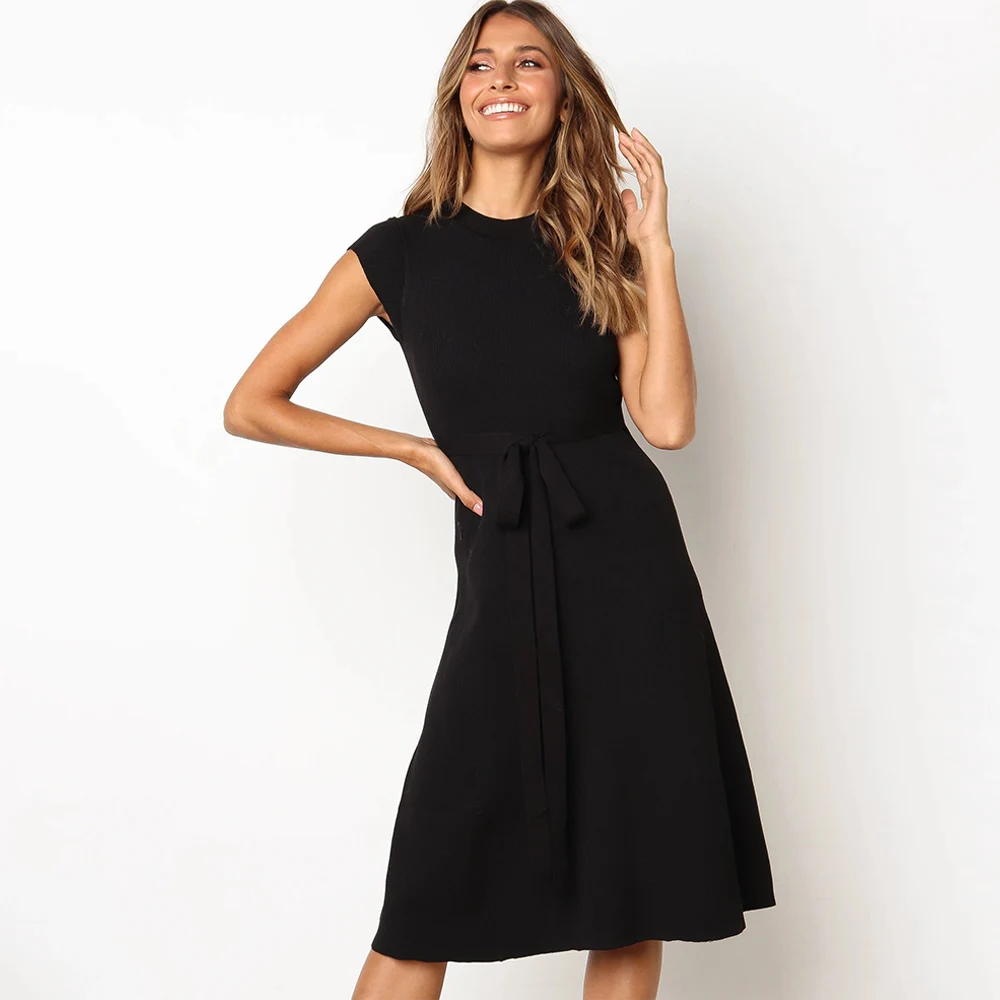 2019 летнее модное офисное женское платье с круглым вырезом и коротким рукавом