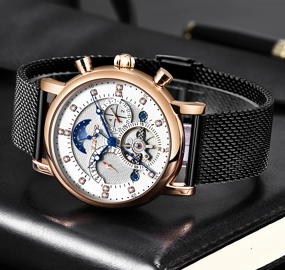 Бренд lige Tourbillon модные часы в деловом стиле автоматические механические часы мужские повседневные Водонепроницаемые кожаные часы Relogio Masculino