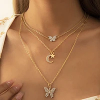 bohemian crystal butterfly pendant necklace womens retro fashion simple rhinestone moon star necklaces girl jewelry