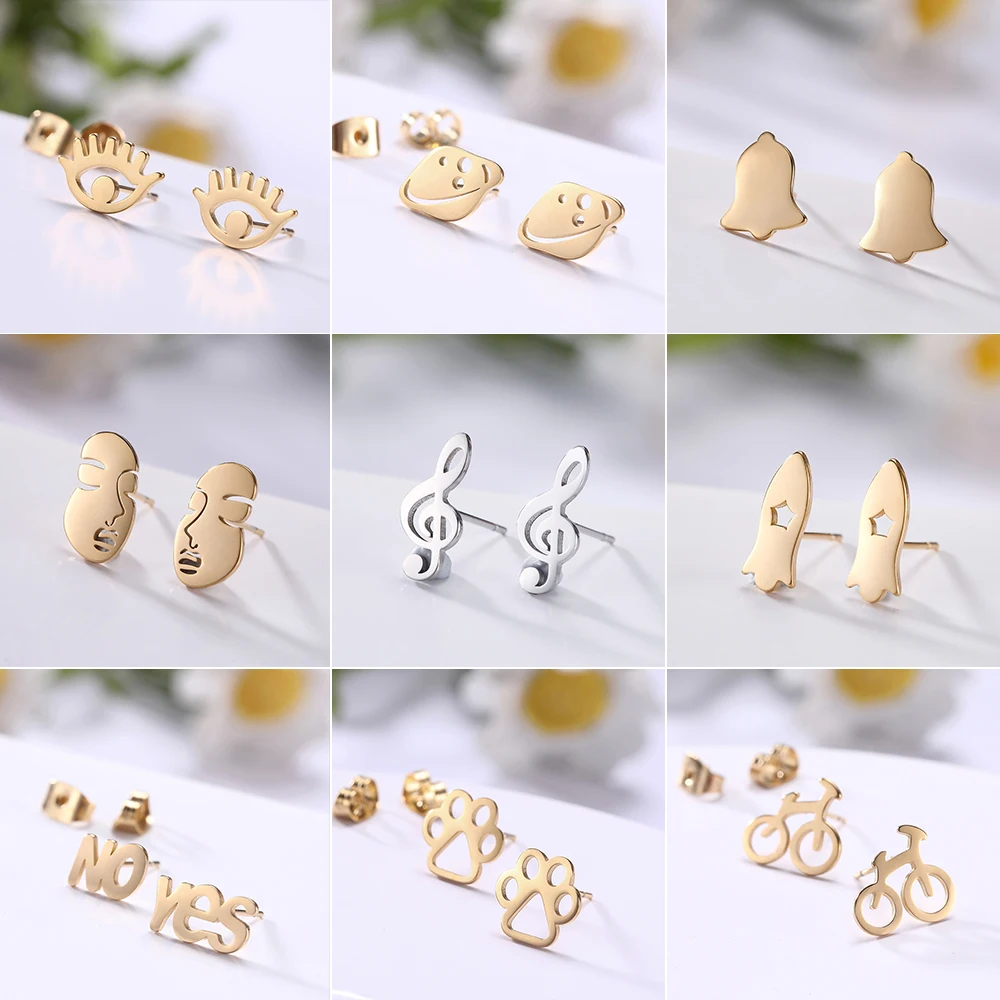 LIKGREAT Fashion Stainless Steel Stud Earrings Set Women Face Mask Cat Paw Musical Evil Eye Bike Bell Letter Ear Jewelry Gift | Украшения и