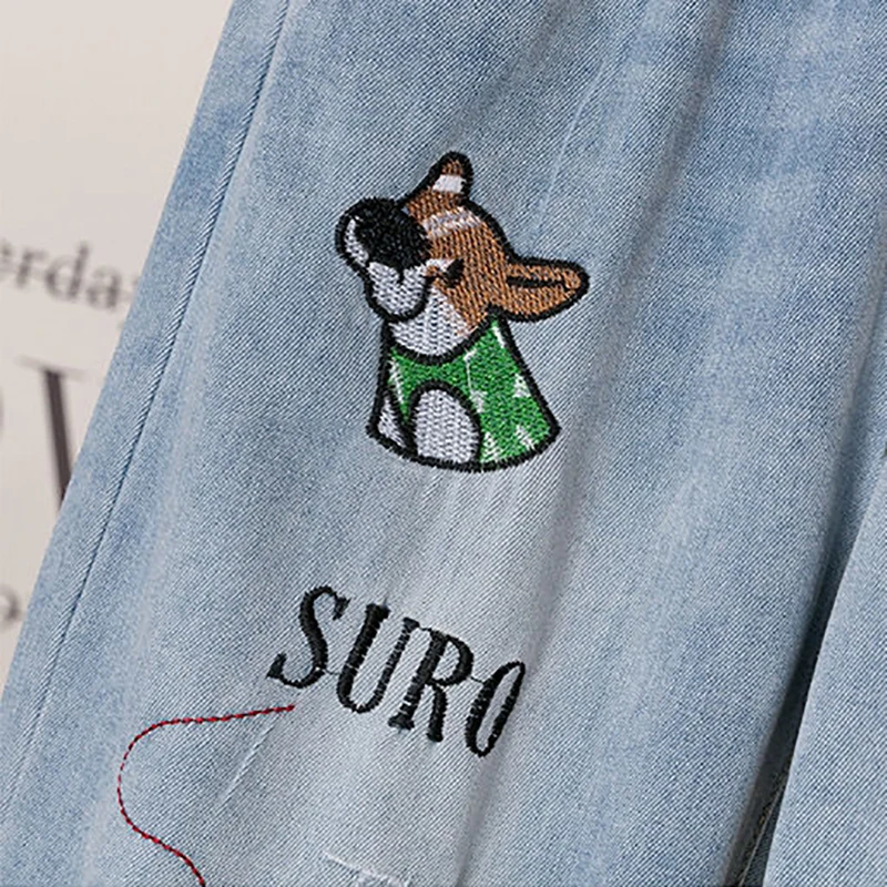 

High Waist Mom Jeans Plus Size Denim Pants For Women Female Vintage Embroidery Elastic Waist Ankle Length Trousers Baggy