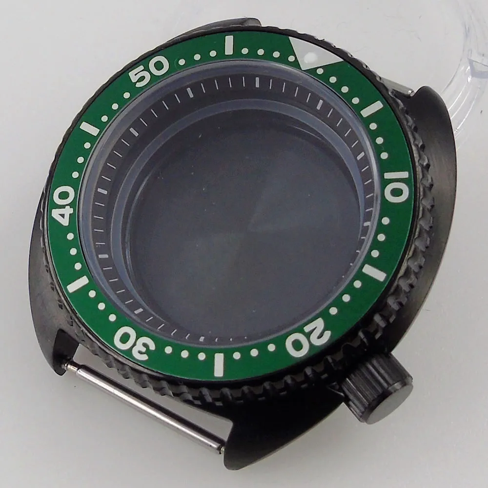 

PVD Plated Black Green 45mm Men Watch Case fit NH35A NH36A Sapphire Glass Chapter Ring Solid Back