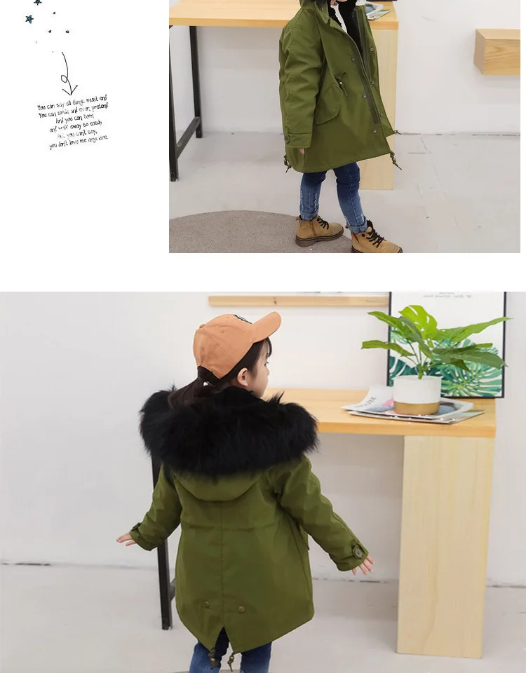 Army Green Coat Fur Jacket Girls Winter Clothes Rabbit Fur Kids Parkas Real Raccoon Fur Hooded Children Jacket For Girls TZ90