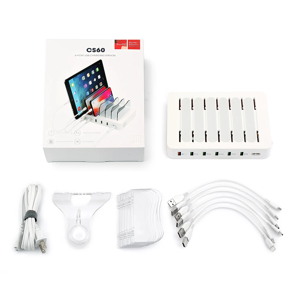 Soopii 60 W/12A 6-портовая usb зарядная станция для нескольких устройств, QC 3,0 зарядная станция с 6 смешанными кабелями в комплекте