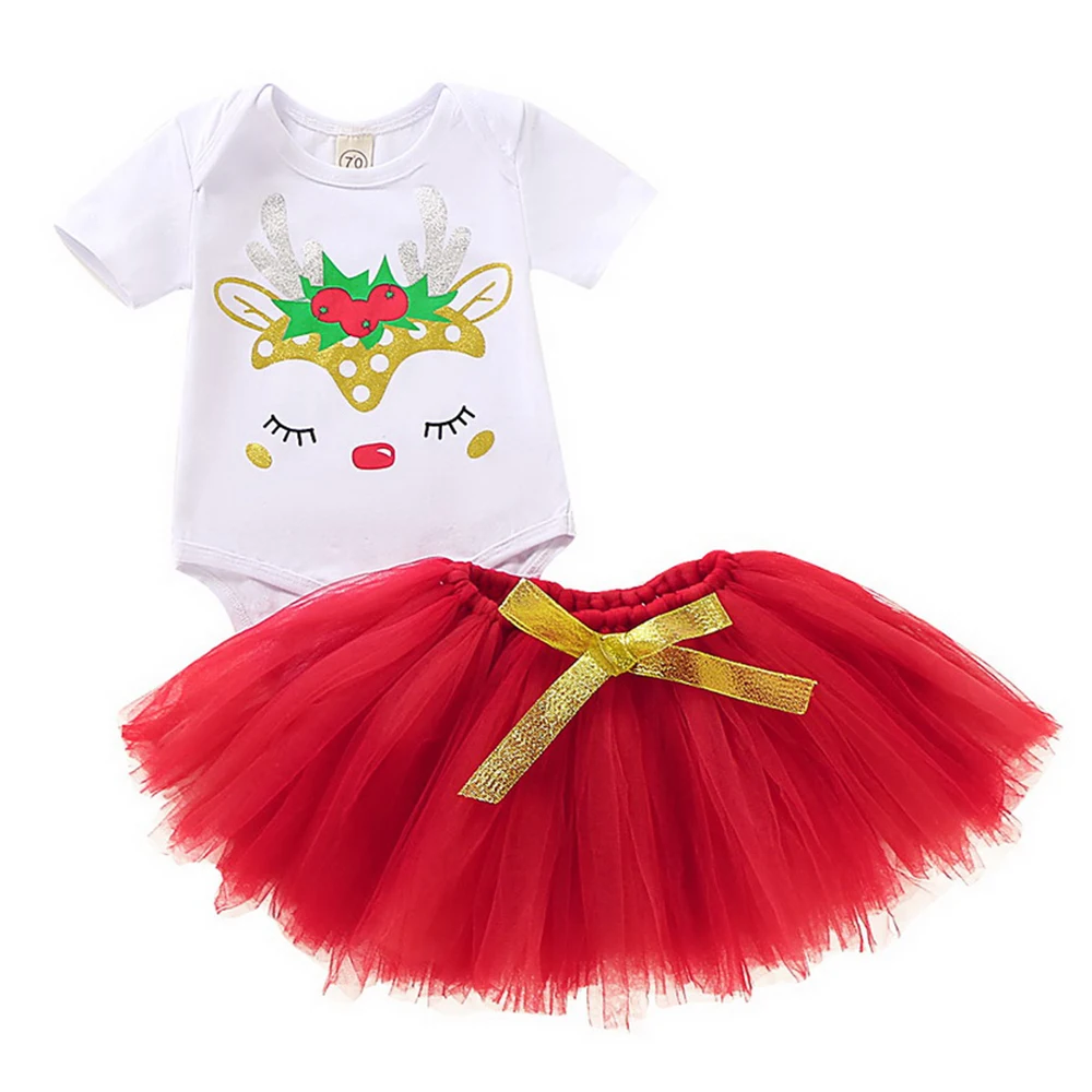 Рождественский комплект одежды для маленьких девочек детский топы с оленем юбки