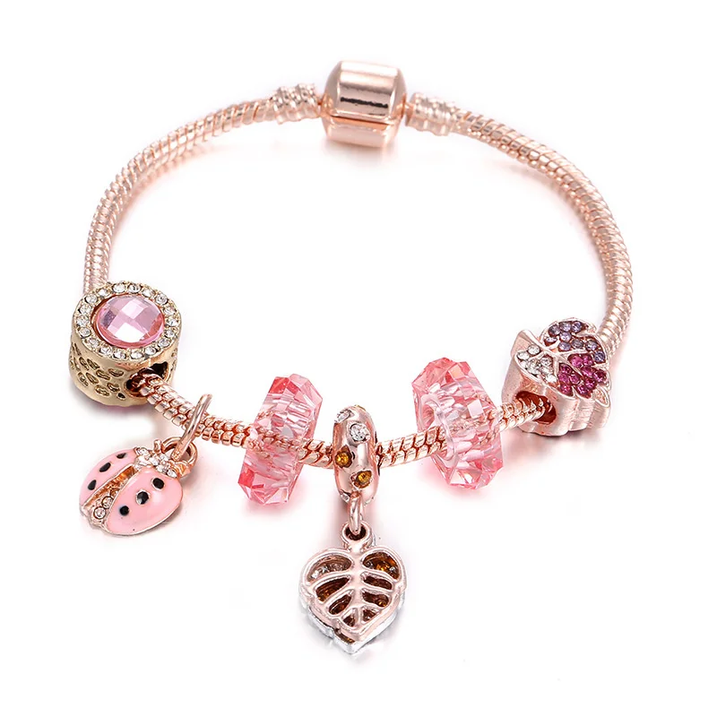

Pan style new Bracelet rose gold autumn fallen leaf ladybird Pendant Pink Girl Gift Jewelry