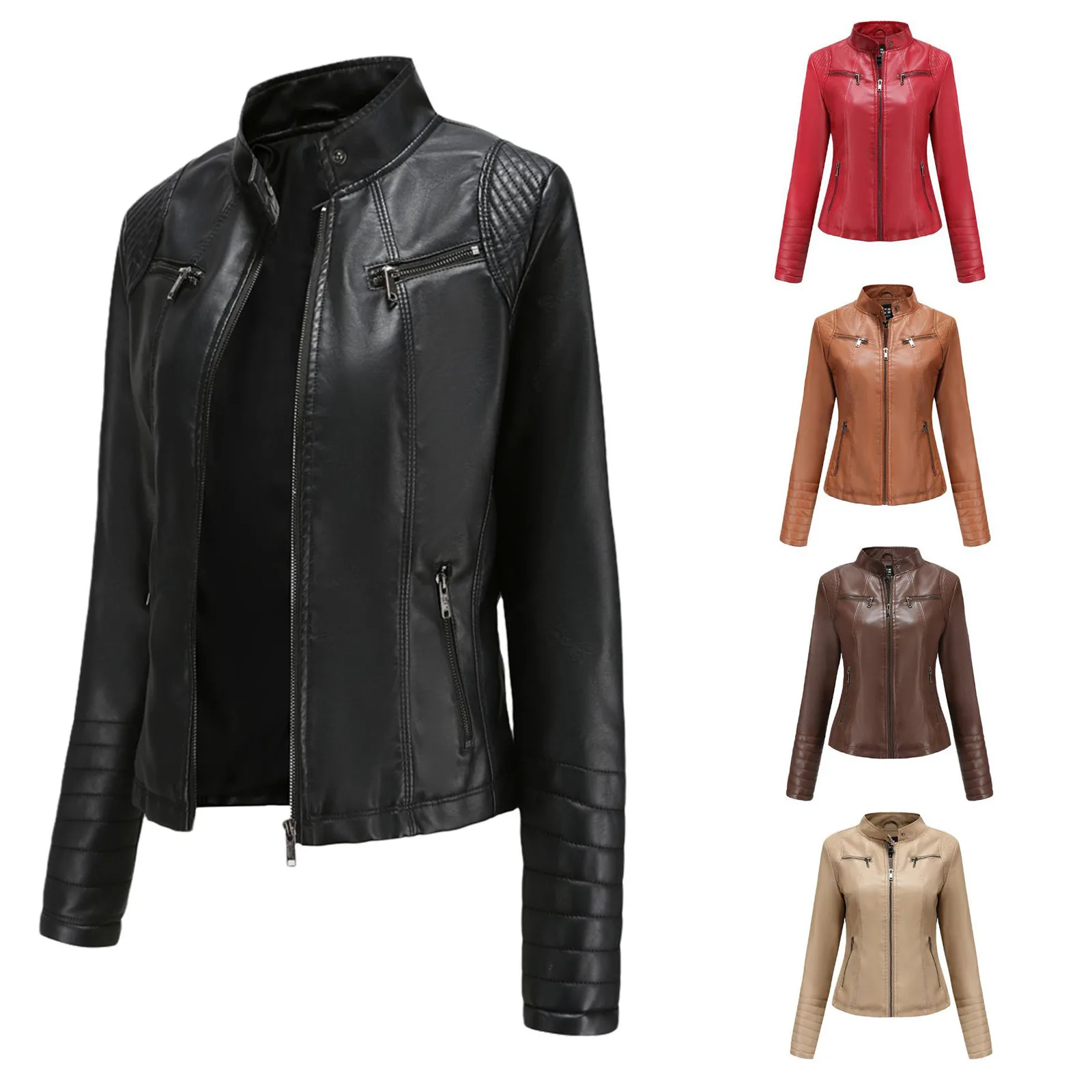

Casaco Feminino Spring Autumn Women Faux Leather Jacket Women Slim Leather Stand-up Collar Zipper Stitching Solid Color Jacket