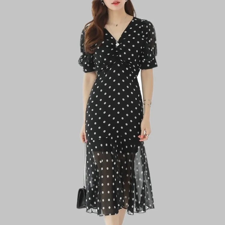 

2021 Summer Black Polka Dot Print Chiffon Dress Elegant V-Neck Puff Sleeve Casual Slim Fishtail Party Dress Vestidos