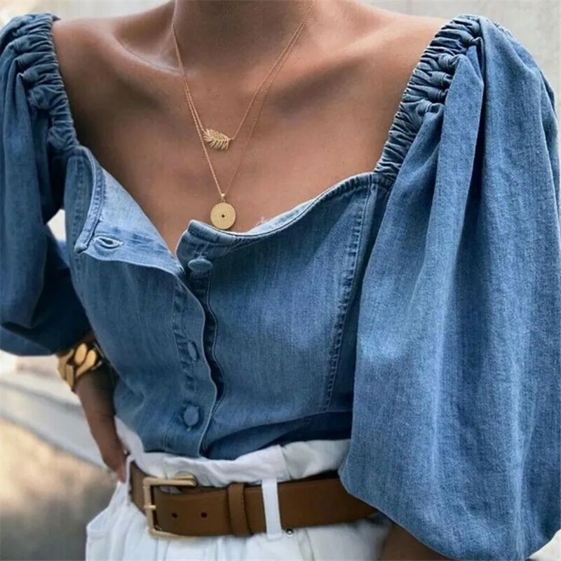 

Fashion Women Loose Off Shoulder Blouse Denim Lantern Sleeve Blouse Shirt Ladies Tops Big Size Baggy Vintage Shirt Female Blusas