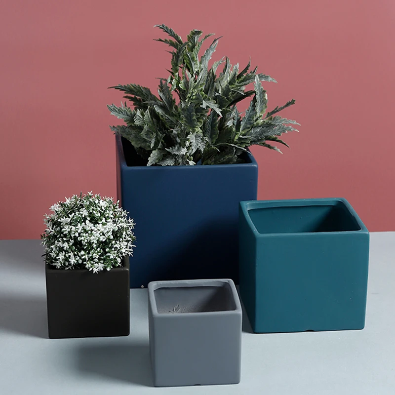 Nordic Industrial Style Colorful Ceramic Flower &amp Plant Pot Succulent Planter Green Cube Shape Flowerpot With Hole Matching Tray | Дом и