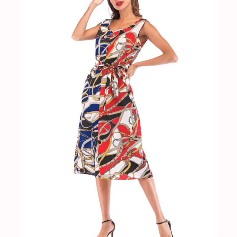 Женское шифоновое платье с v образным вырезом и асимметричным принтом без