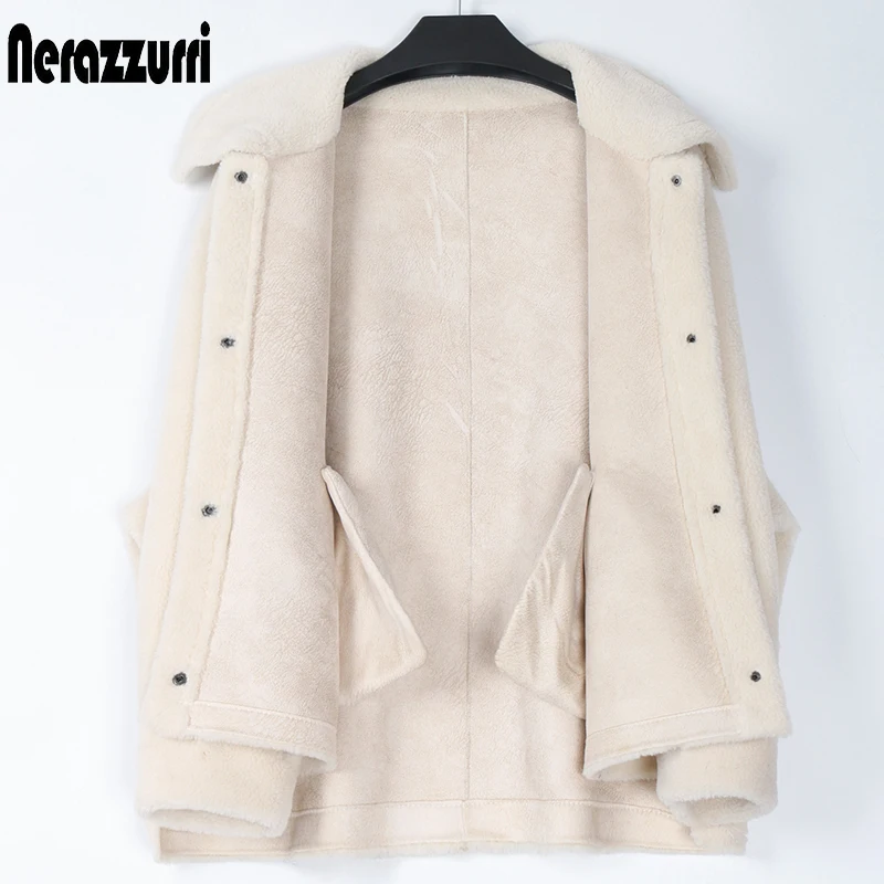 Куртка женская зимняя короткая теплая из искусственной овечьей кожи с длинным