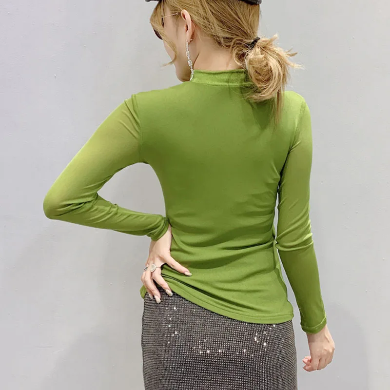 Chemisier Femme, новинка, сетчатая однотонная женская блузка с длинным рукавом, топы, повседневная приталенная рубашка с круглым вырезом, женская одежда, осень 7300 50
