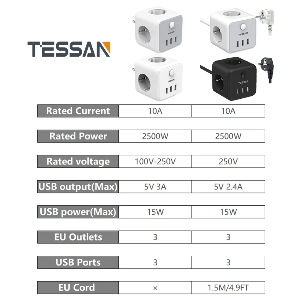Сетевой адаптер TESSAN с 3 евророзетками и USB портами|Вилки розеткой| |
