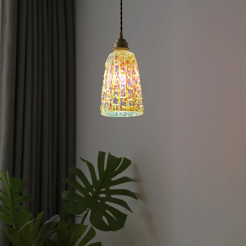 

Nordic new Japanese brass colorful glass chandelier living room lamp dining room bedroom study individual style small chandelier