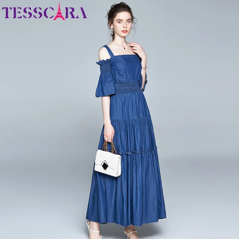 Женское летнее Элегантное Длинное джинсовое платье TESSCARA высококачественное
