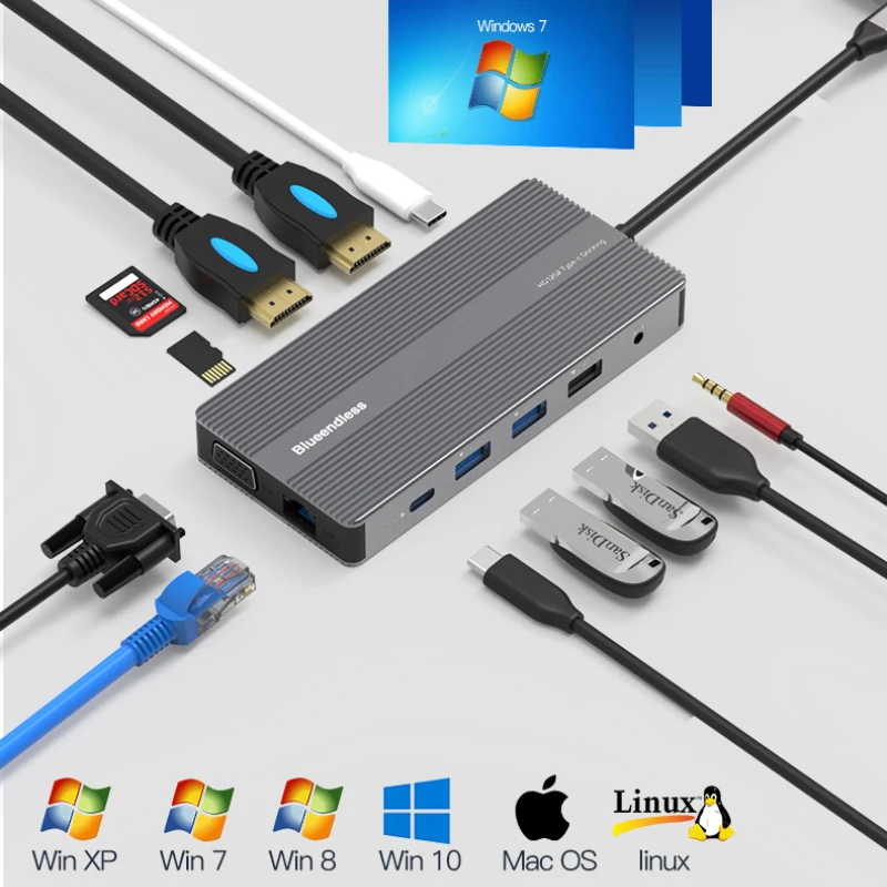

USB-концентратор 12 в 1, USB Type-C на HDMI, RJ45, VGA