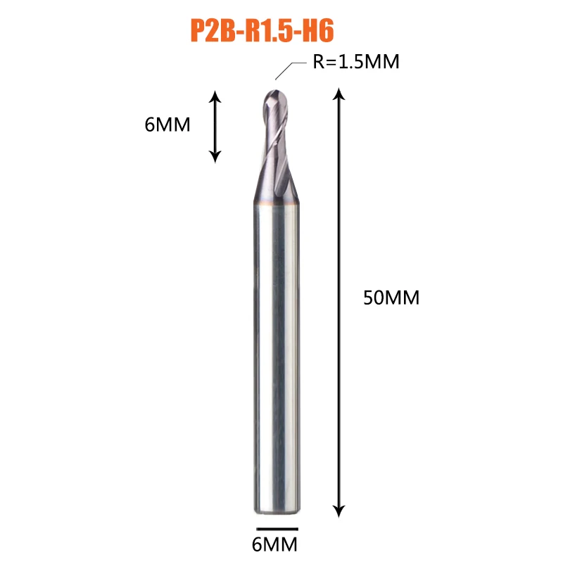1PC-P2B-R1.5-H6 1 шт. торцевая фреза с шариковым концом 2 флейты R0.5-R6.0 фрезерный станок с ЧПУ для обработки металлических граней и пазов hrc50 концевые фрезы с покрытием - Длина режущей кромки: 1PC-P2B-R1.5-H6