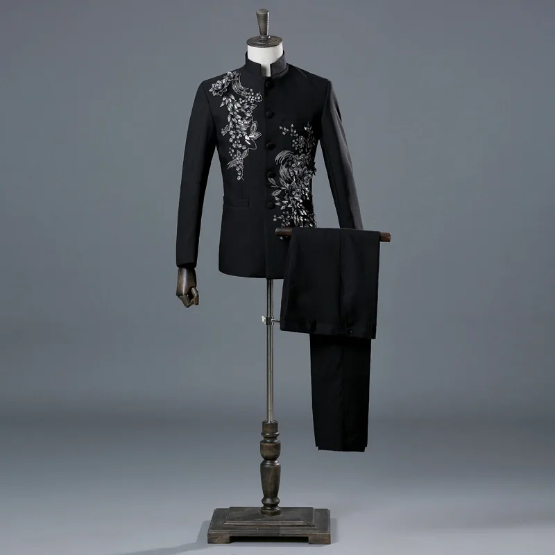 Мужской цветочный черный смокинг с блестками костюмы брюками вечерние вечеринки