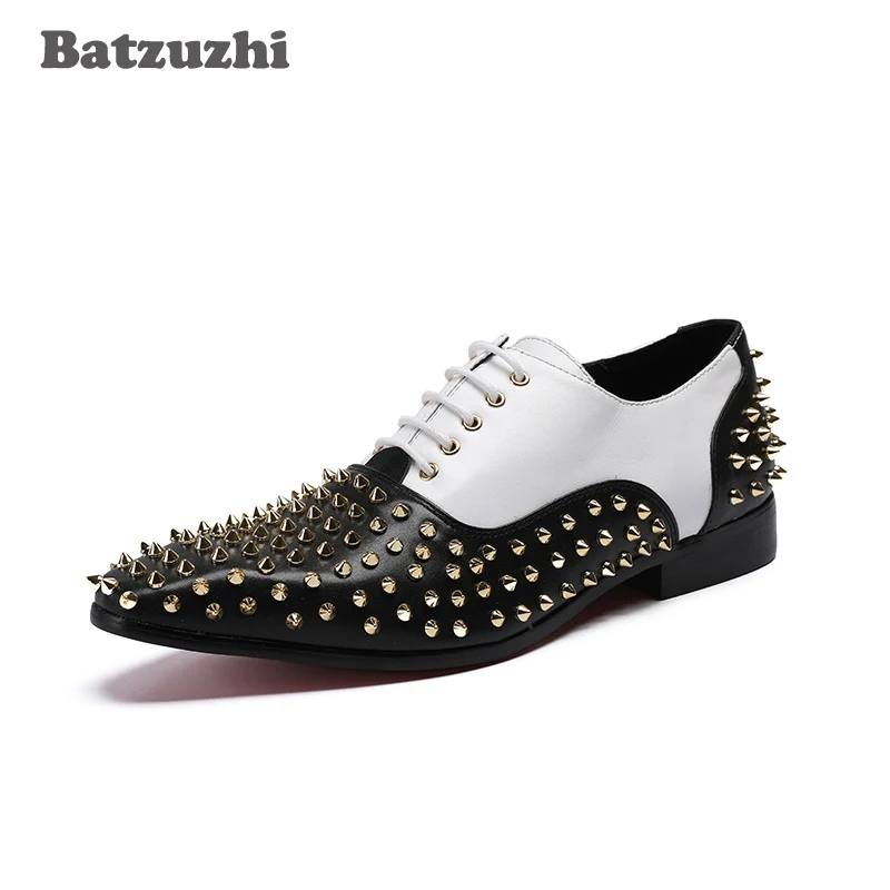 

Batzuzhi Luxury Handmade Men's Dress Shoes Pointed Toe Rivets Spikes Shoes Black White Leather Dress Footwear Men Wedding Party