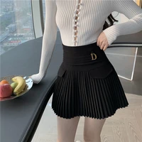 black pleated skirts lady high waist mini skirt streetwear casual women metal letter d design a line clubwear korean sexy skirts