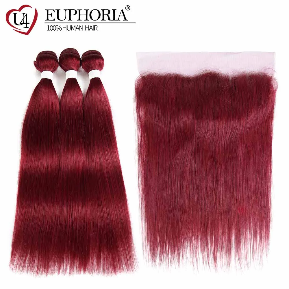 Прямые пряди волос с фронтальным кружевом 13x4 красный бордовый 99J бразильские Remy