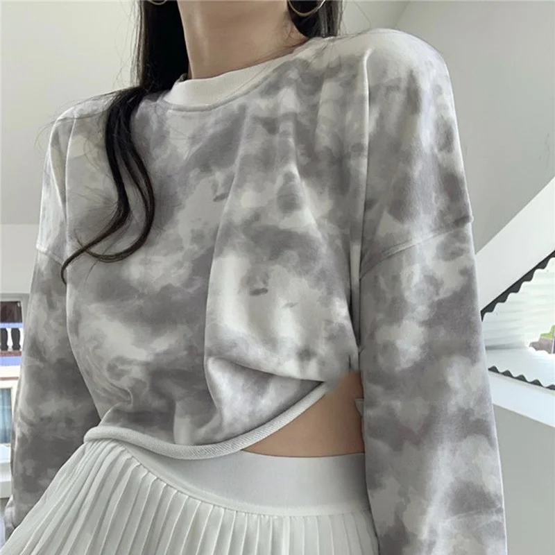 

Women Casual Loose No Hat Tie Dye Hoodies Sweatshirt O-neck Spring Fall Korean Sexy Short Outwear Fashion All-Match Chic Ulzzang