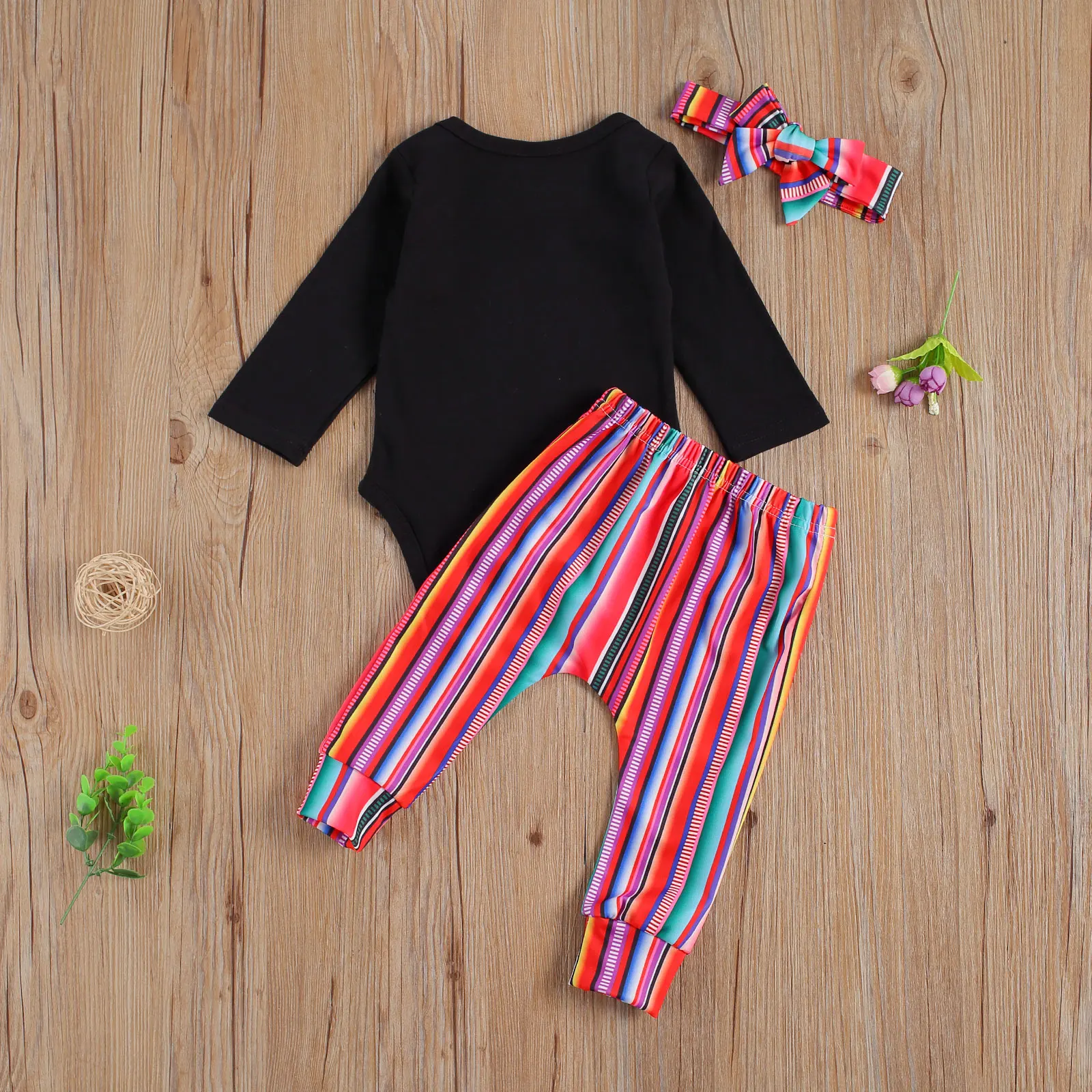 

Spring Autumn Baby Suit Set Letter Print Round Neck Long Sleeve Romper+ Striped Trousers+ Headband 3 Pieces 0-18M