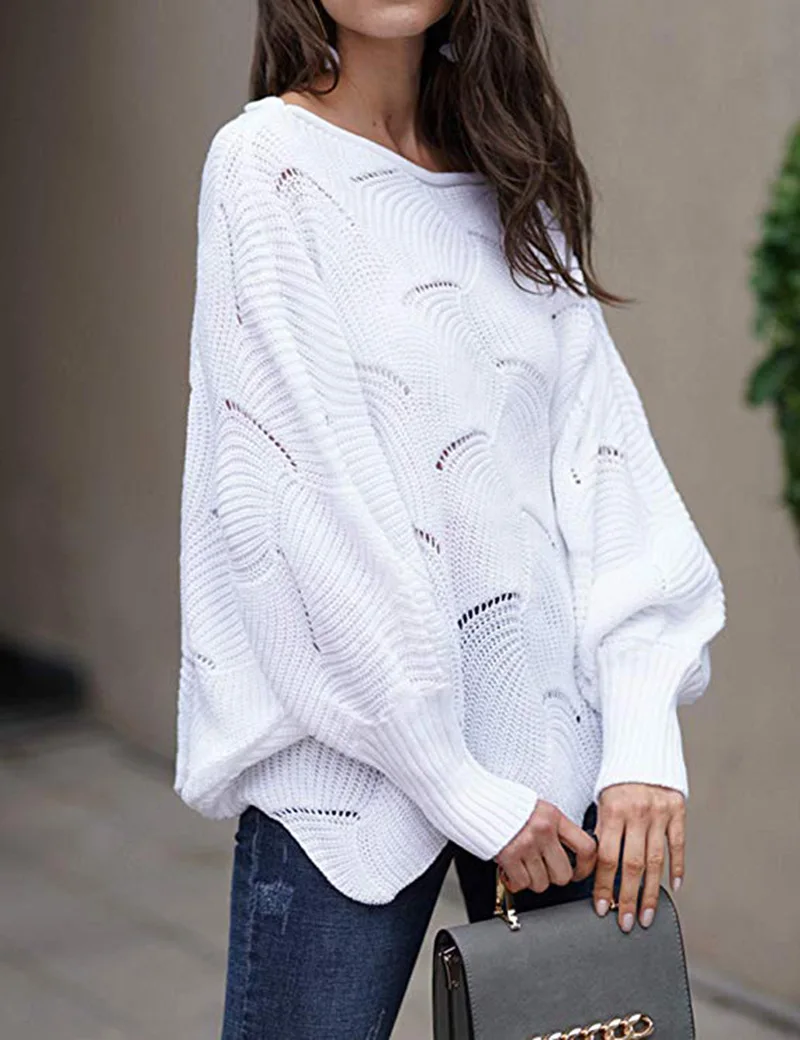 

Women's Sweater Pullover Bat Sleeve Loose Openwork Knitted Sweatshirt 2020 Autumn Fashion Trend Feminine Streetwear
