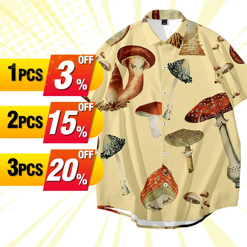 Large Plus Size Men's Shirt Creative Mushroom Pattern 3D Digital Printing Beach Vacation Loose Short-Sleeved Shirt for Men 6XL