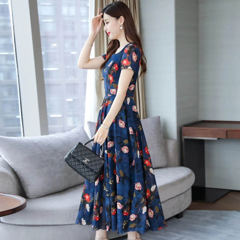 

LUKAXSIKAX 2020 New Women Summer Dress Plus Size Women Clothing Fashion Vintage Flowers Print Chiffon Long Dress