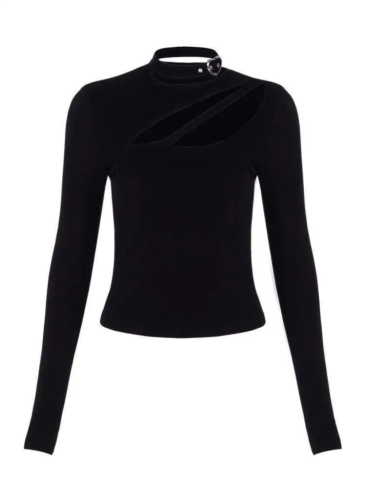 Панк рейв Женская сплошной цвет с длинным рукавом вырез футболки чокером PT