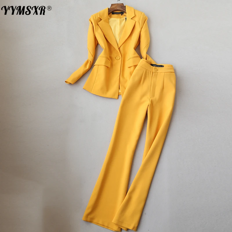 

High Quality Women's Pants Suit 2021 New Autumn and Winter Slim Yellow Women's Jacket Casual Elegant Trumpet Trousers Two-piece