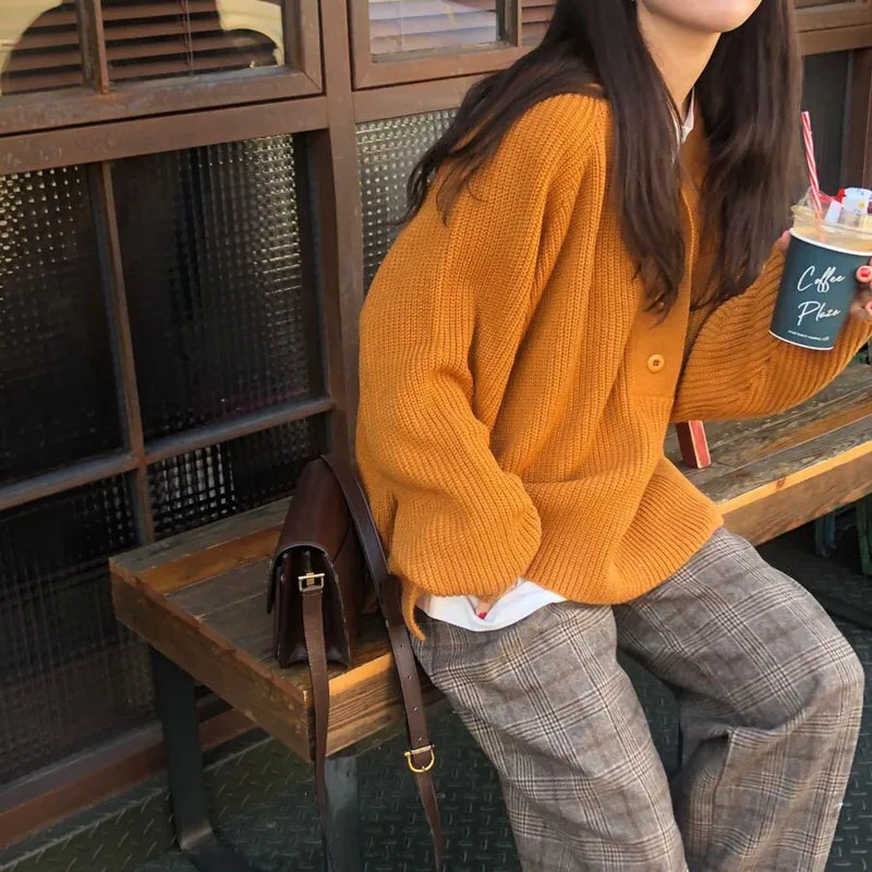 Женский пуловер с длинным рукавом свитер в стиле ретро Однотонный V-образным