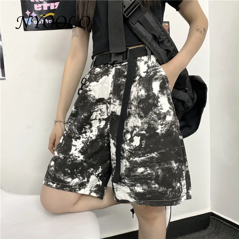 

NYOOLO Vintage Streetwear Tie Dye Chain Sashes Elastic High Waist Knee Length Pants Women Summer Loose Hip Hop Joggers Outfits