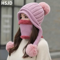 winter womens knitted hat mixed color scarf 2pcs set warm plush lining skullies beanies hats with 3 balls pompom ear cap female