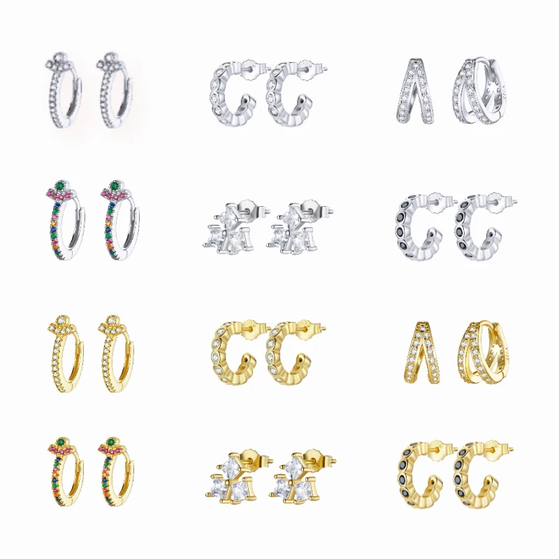 

BISAER 925 Sterling Silver Round Hoop Earrings For Women Trendy Jewelry Earrings Colorful Zircon Crystals Huggie Earring ECE1186