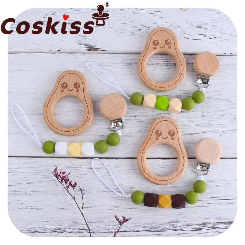 Coskiss-mordedor de madera para beb&eacute;, Clip de madera para chupete, juguetes de dentici&oacute;n para beb&eacute;, dibujos animados de aguacate, cadena de chupete, regalos para beb&eacute;-0