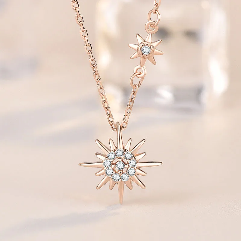

S925 Sterling Silver Sun Flower Necklace Female Korean Niche Star Flashing Diamond Light Luxury Clavicle Chain