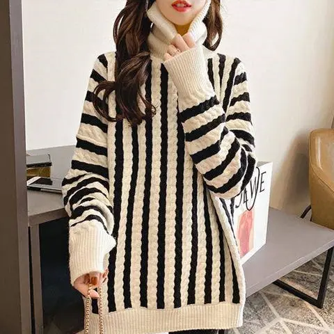 

Thickened high collar vertical stripe sweater women's pullover autumn and winter net red loose lazy Korean coat coat tide